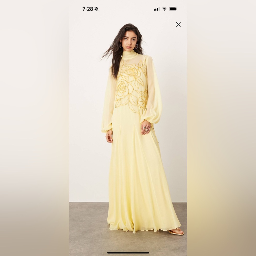 ASOS EDITION floral tie neck blouson sleeve trapeze maxi dress in soft yellow